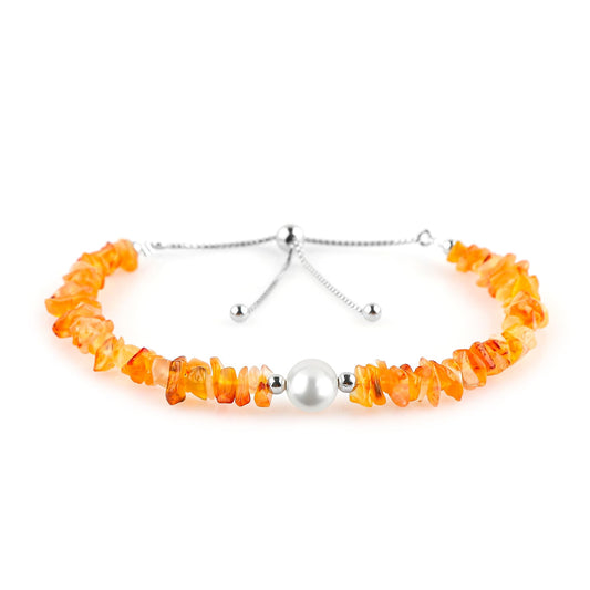 CRYSTALIS Natural Carnelian Beads Slider Bolo Bracelet with Elegant Pearl, Uncut Chips Nuggets Crystals, Chakra Healing Gemstone, Women Jewelry, 925 Sterling Silver Slider 10 inch