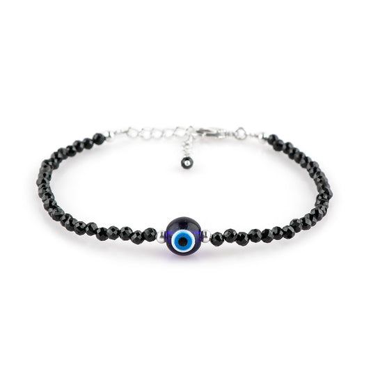 CRYSTALINES Natural Black Spinel Gemstone Bracelet, Faceted Beads Stones, Handmade Hypoallergenic Boho Jewelry for Women, Healing Crystals, Adjustable Silver Plated 7+1inch, Birthday Evil Eye Gift