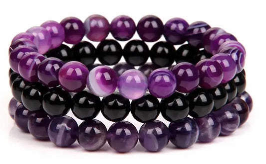 WFJ 3 Beaded Bracelets Set Amethyst Obsidian Agate Triple Protection Bracelet Natural Crystal Stone Purple Healing 8mm Bead