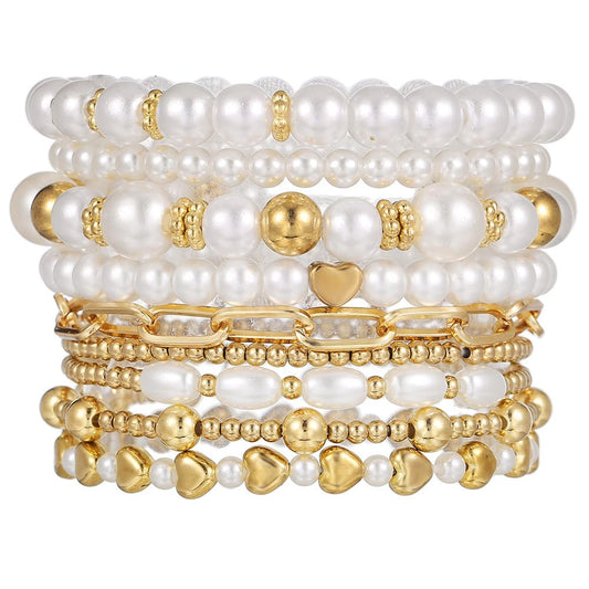 KZL Chunky Imitation Pearl Stackable Stretch Bracelet Set for Women 14K Gold Plated Beaded Stack Bracelets Layered Pearl Elastic Bracelets Wedding Jewelry Gifts-Style 1