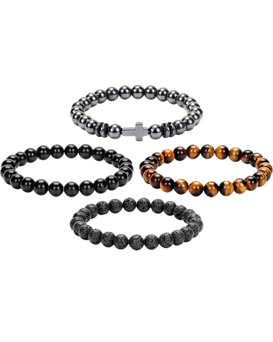 Crystery Men Beaded Bracelets, 8mm Natural Stone Bracelet, Healing Crystal, Jewelry Gifts for men, Triple Protection, Hematite, Tiger Eye, Black Obsidian Beads Bracelets, Lava Rock, Pack of 4