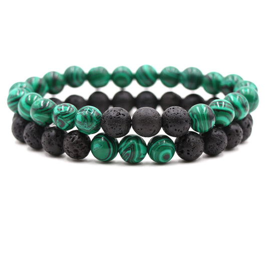 2Pcs Matte Lava Rock Volcanic Stone Beads Stretch Bracelet Stacking Essential Oil Diffuser Tiger Eye Seed Energy Yoga Bracelet for Men Women Couple Stress Relief Healing Aromatherapy Jewelry-E green