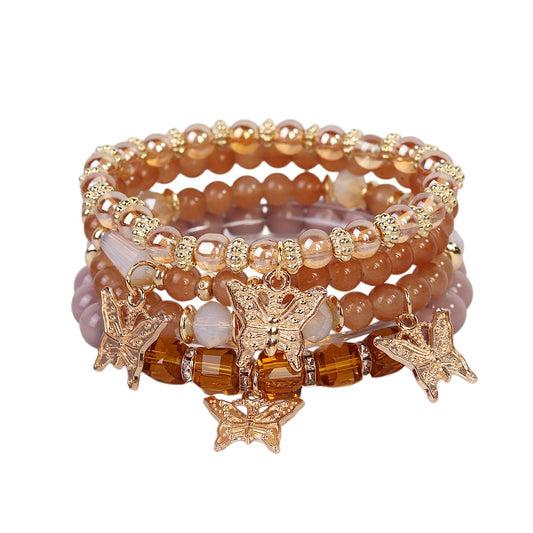LOTSOF Boho Flower Beaded Bracelet Set for Women - Multilayer Crystal & Flower Charm Stackable Bracelets, Fashion Jewelry Gift for Her (Coffee Butterfly)