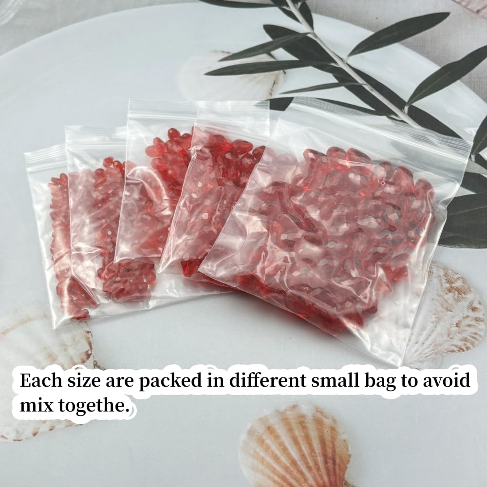 Xinhongo 340pcs Teardrop Crystal Glass Beads 3x5mm 4x6mm 6x8mm 8x12mm 10x15mm Vertical Hole Faceted Glass Spacer Beads for Necklace Bracelet Earrings DIY Jewelry Crafts(Red)