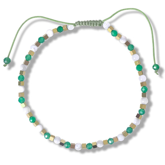 BEADSENER Green Agate Adjustable Charming Bracelet for Women, 3mm Natural Shell Gemstone Hematite Stone Beads, Pull String Slider Metal Free Design Waterproof, Gift for Her Daily Wear