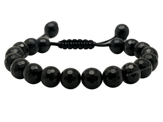 Amazing Gemstone Black Tourmaline Bracelet for Women - Chakra Mens Bracelet Protection Crystals and Healing Stones - Faceted Beaded Bracelet Spiritual Meditation Gift (Adjustable)