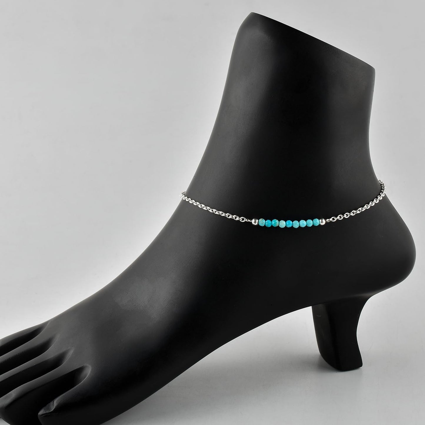 YANARA Turquoise Ankle Bracelet for Women Jewelry, Natural December Birthstone, Gemstone Beads, Handmade Dainty Anklet 9"+1.25" inch, 3mm Rounds, Chakra Energy Crystals, Silver Plated Chain