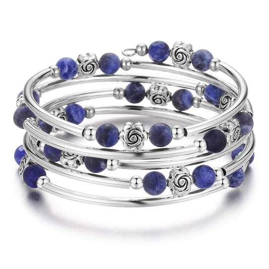 BULINLIN Wrap Bangle Rose Bead Bracelet - Beaded Bracelet with Natural Agate Stone Gifts For Women(01-Navy blue)