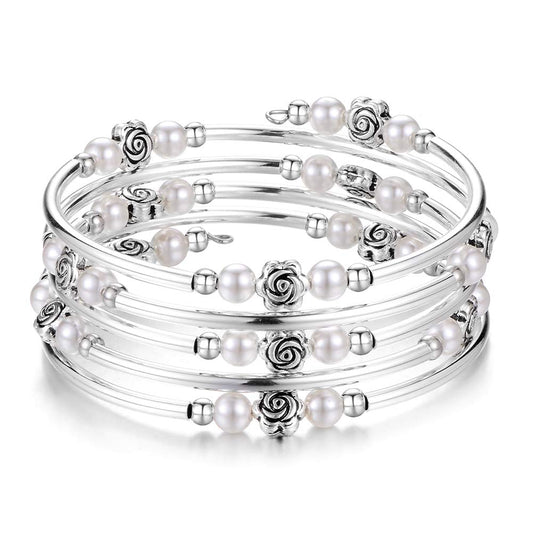 BULINLIN Wrap Bangle Rose Bead Bracelet - Beaded Bracelet with Natural Agate Stone Gifts For Women(01-White pearl)