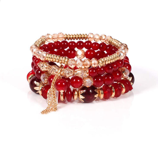 LOTSOF Bohemian Green Jade Stackable Bracelet Set - 4-Layer Stretch Beaded Bracelets with Gold Accents, Boho Jewelry for Women, Fashion Statement Accessory (Gift Ready) (Red)
