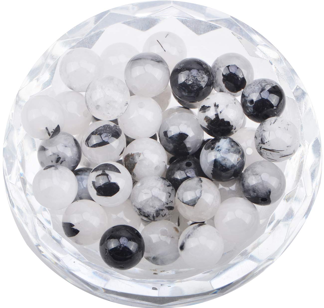 80Pcs Natural Crystal Beads Stone Gemstone Round Loose Energy Healing Beads with Free Crystal Stretch Cord for Jewelry Making (Tourmaline Quartz, 10mm)