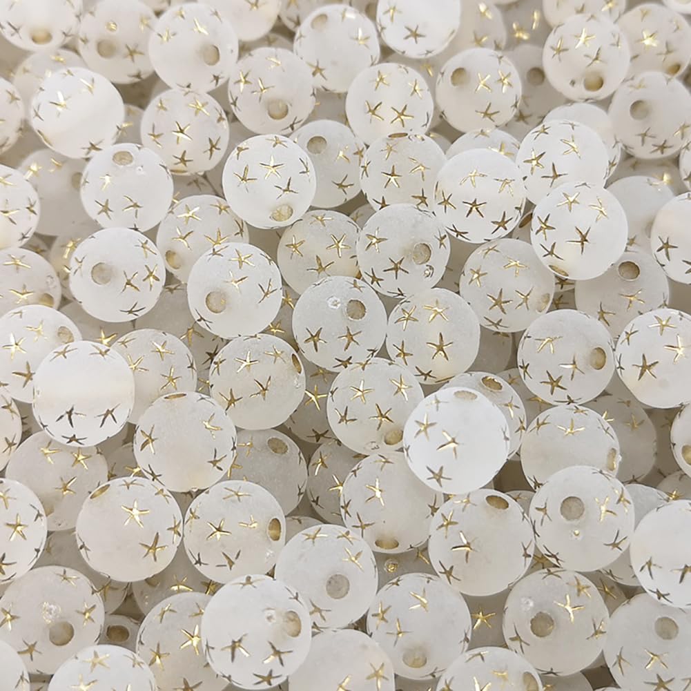 UUYYEO 200 Pcs 10mm Golden Star Round Beads Frosted Acrylic Beads Shiny Crystal Beads Chunky Beads Matte Craft Beads Plastic Jewelry Making Beads for Necklace Bracelet