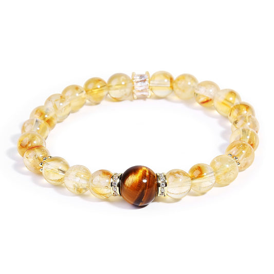 Magiriam Citrine Crystal & Tiger’s Eye Stretch Bracelet with Zircon Inlay | 17CM Comfortable Elastic Fit | Healing Gemstone Bracelet Single Circle-Gift for Women Lady and Friends