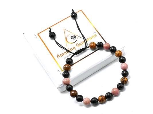 Amazing Gemstone Taurus Zodiac Crystal Bracelet - Rhodonite Mariyam Jasper Black Tourmaline Birthstone Bracelets Women Men Healing Calming Anxiety Stress Relief Gifts (Adjustable)