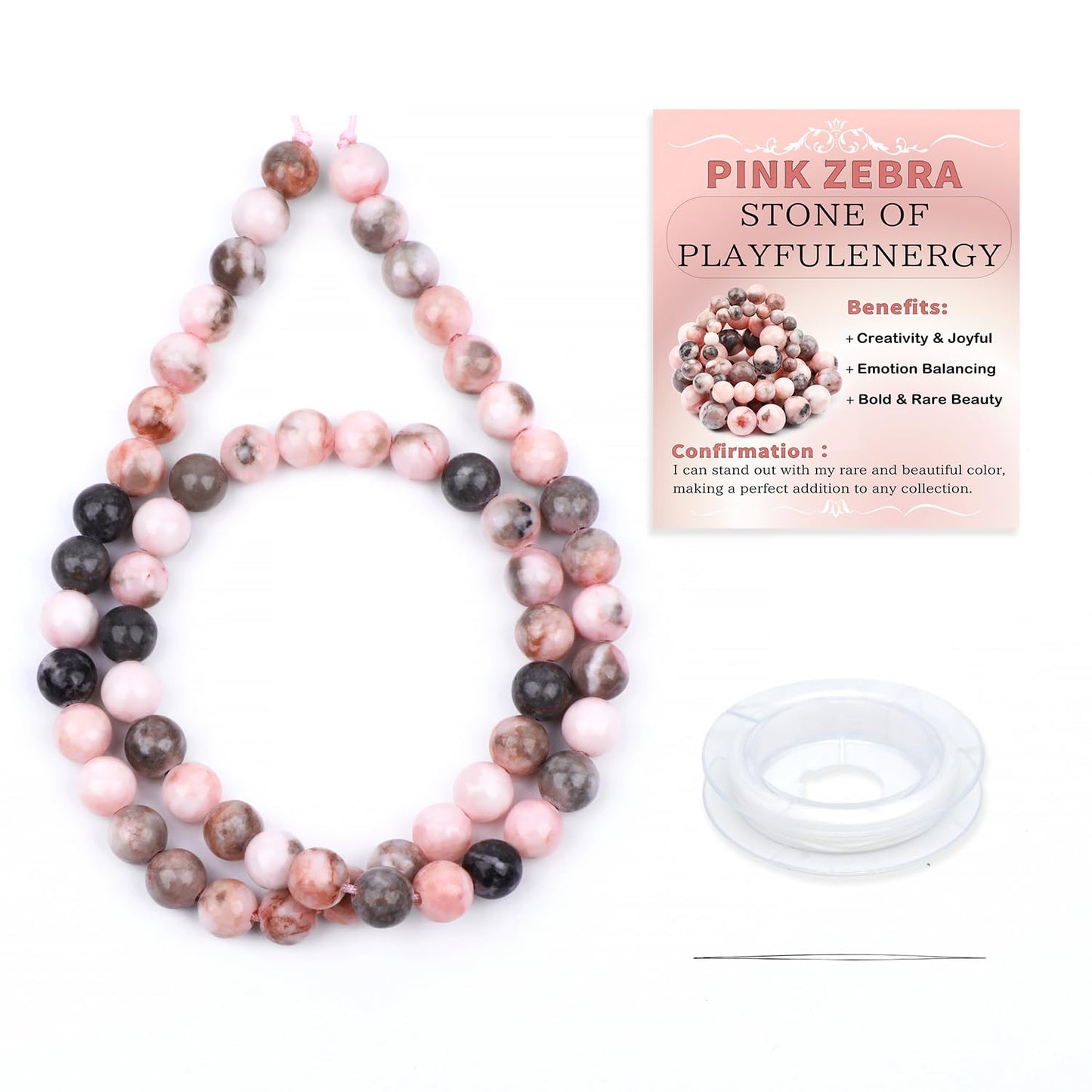 CMBYN Natural Stone Beads Round Genuine Real Stone Beading Strand Loose Gemstones DIY Smooth Bead for Bracelet Necklace Earrings Jewelry Making (Pink Zebra, 6mm 60 Pieces)