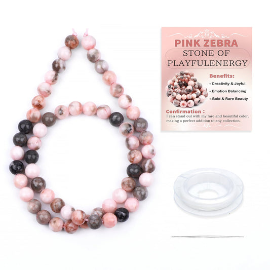 CMBYN Natural Stone Beads Round Genuine Real Stone Beading Strand Loose Gemstones DIY Smooth Bead for Bracelet Necklace Earrings Jewelry Making (Pink Zebra, 6mm 60 Pieces)