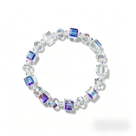 IETWIPNO Stretch Crystal Bracelet for Women,Elastic Beaded Bracelets Set of 1,Multicolor Healing Stone Adjustable Bangle,Gift for Her (8MM Square Aurora Borealis Crystals Bracelet)