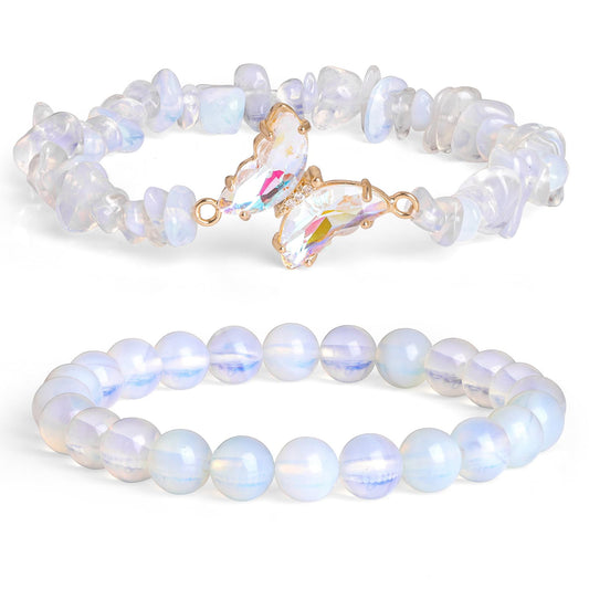 GolbalJew Opal Stone Bracelet for Women Healing Crystal Stone Bracelets Gemstone Beads Stretch Bracelet Butterfly Charms Jewelry Women Gift