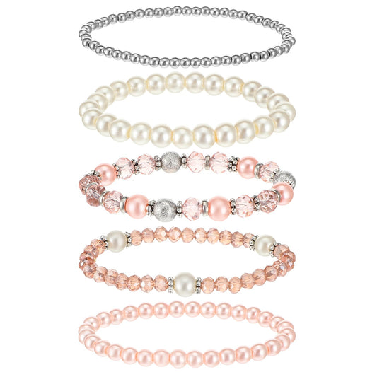 DIVINA VITAE 5 Pcs Beaded Stretch Bracelets Pink Stackable Bracelets Boho Beaded Bracelet Stretch Layering Crystal Stone Bead Bracelet Trendy Costume Jewelry Gifts for Women