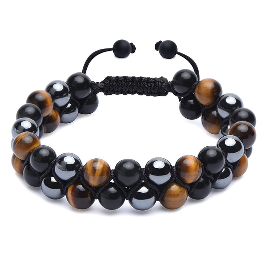 HASKARE Triple Protection Bracelet for Men - Genuine Tigers Eye Black Obsidian Hematite 8mm Natural Stone Beads Stretchy Healing Crystal Jewelry, Anxiety Relief Energy, Ideal for Dad Husband Christmas Birthday