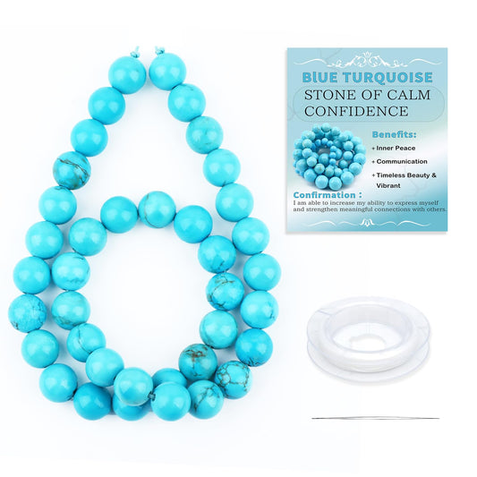 CMBYN Natural Stone Beads Round Genuine Real Stone Beading Strand Loose Gemstones DIY Smooth Bead for Bracelet Necklace Earrings Jewelry Making (Blue Turquoise, 10mm 36 Pieces)