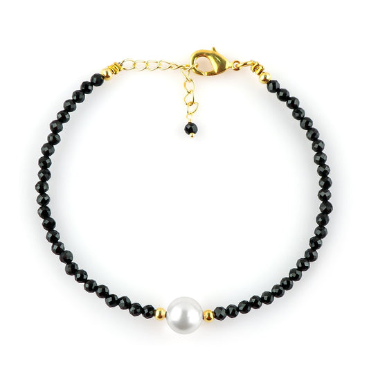 CRYSTALINES Natural Black Tourmaline Gemstone Bracelet, Cultured Pearl Beads Stones, Handmade Hypoallergenic Bohemian Jewelry for Women, Healing Crystals, Adjustable Gold Plated 7+1inch Birthday Gift