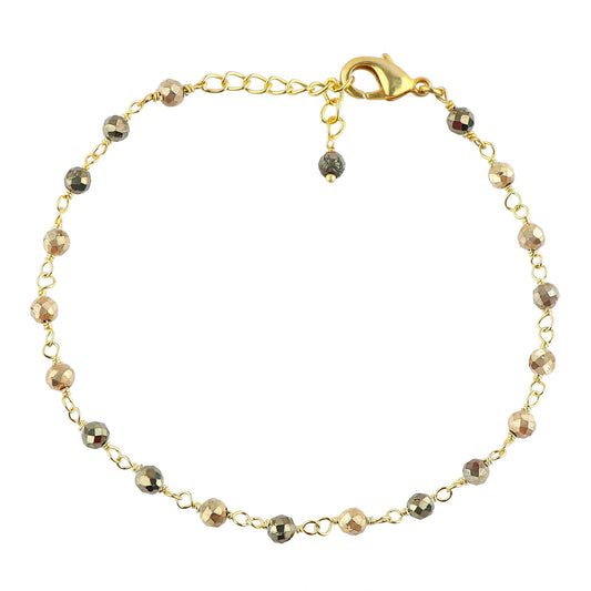 CRYSTALINES Natural Golden Pyrite Gemstones Bracelet Handmade Hypoallergenic Gold Plated Jewelry for Women Healing Crystals Microfaceted Beads Rosary Chain Boho Birthday Bracelet, 7+1inch
