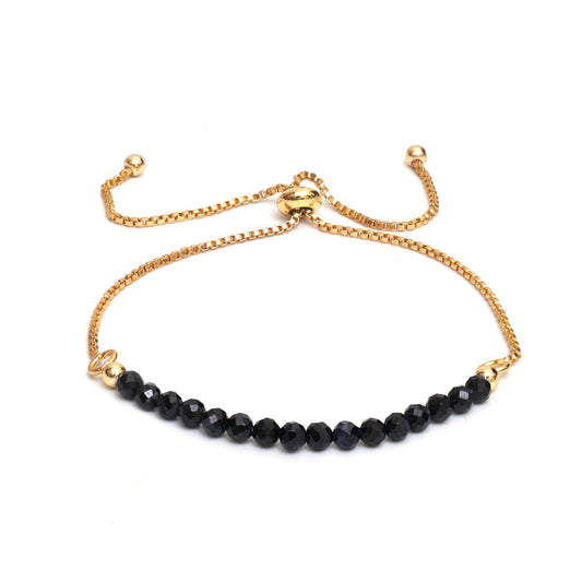 Gempires Midnight Blue Sapphire Beaded Bracelet, Birthstone Bracelet, September Birthstone, Bolo Beads Bracelet, Gift for Her, 14k Gold Plated Chain (6-9inch Adjustable Length)