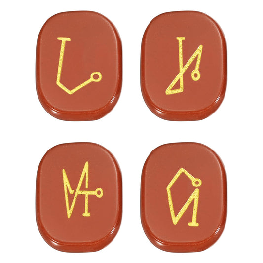 MECCANIXITY 4Pcs Engraved Chakra Stones with Reiki Symbols, Red Jasper Reiki Healing Crystal Gemstone 7 Chakra Crystal Stones Tumbled Palm Stone for Anxiety Relieve