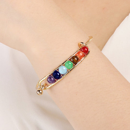 COLORFUL BLING 7 Chakra Yoga Meditation Bracelet Adjustable Healing 6mm Crystal Stone Bead Cuff Bracelets Gifts for Women-A Silver
