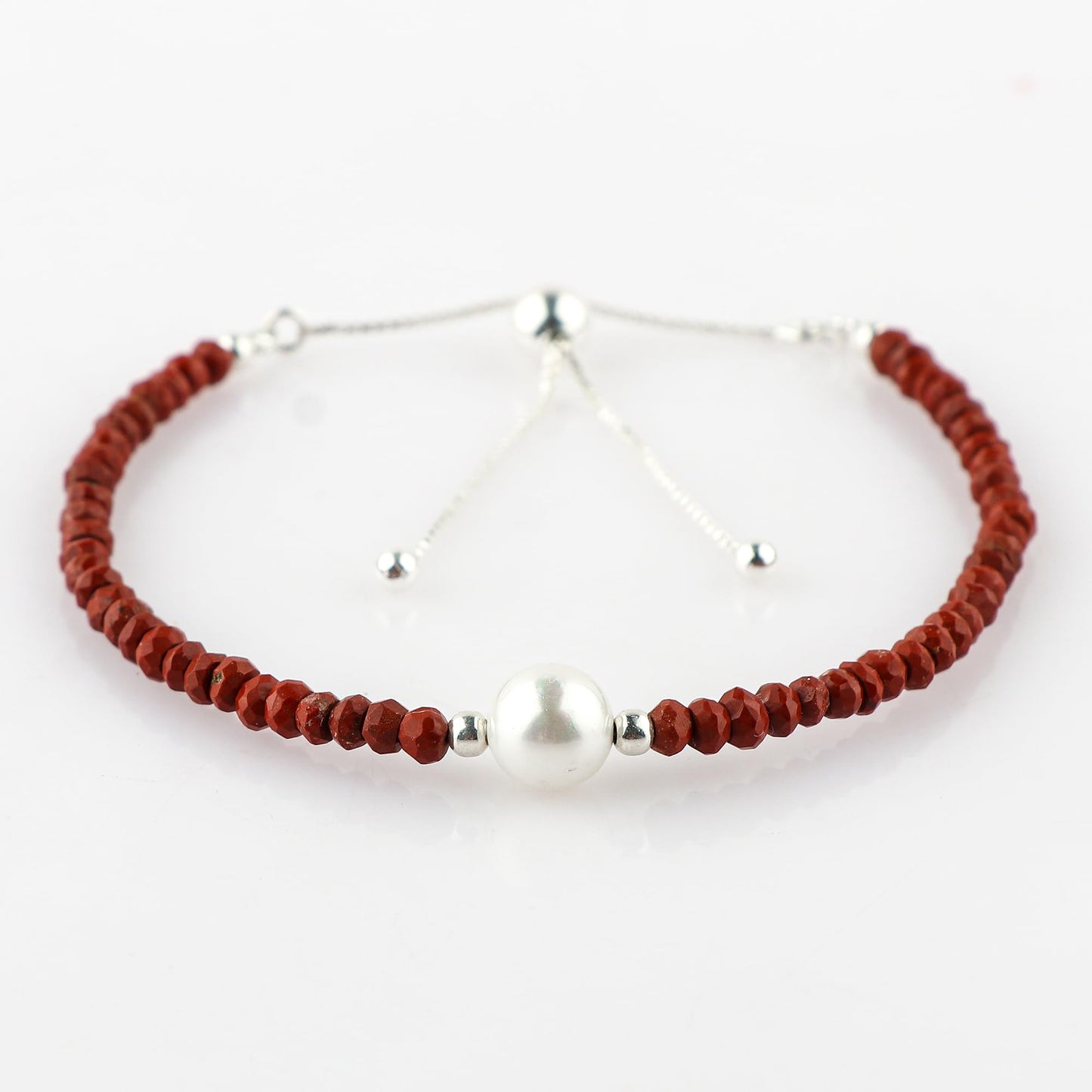 CRYSTALINES Natural Red Jasper Gemstones Beads Bolo Bracelets with Pearl, Handmade, Beaded Bracelet, Real Crystals Jewelry, Women Bracelet, Silver Plated Adjustable Chain- 6+4inch, AAA Grade