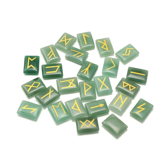 Zotoone Rune Stones Set with Engraved Elder Futhark Alphabet Natural Runes Stones Crystal Meditation Divination Healing Chakra Reiki Green Aventurine (1 Flax Cloth Bag)