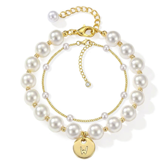 Fizzlup 2Pcs Pearl And Gold Initial Bracelet Set，Dainty Pearls Bracelets Jewelry for Women Wedding Prom Trendy Crystal Charm Cuff Stack Bead Linkbracelet Personalized Gift Stuff Letter W
