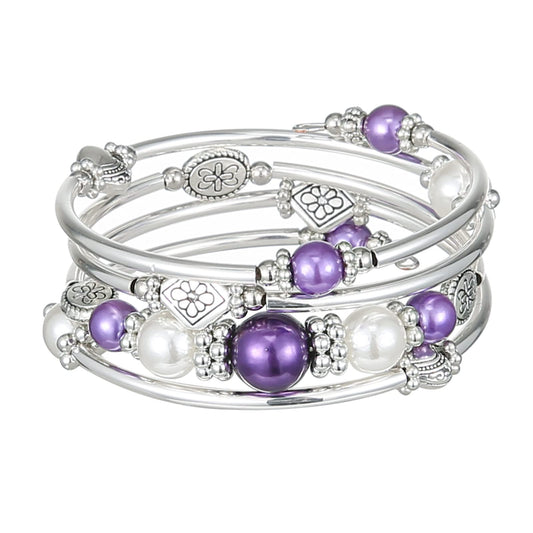 FULU AUTUMN Beaded Pearl Bangle Bracelets for Women Silver Wrap Bangles Bracelet Womens Costume Jewelry Fashion Gift(18-Purple)
