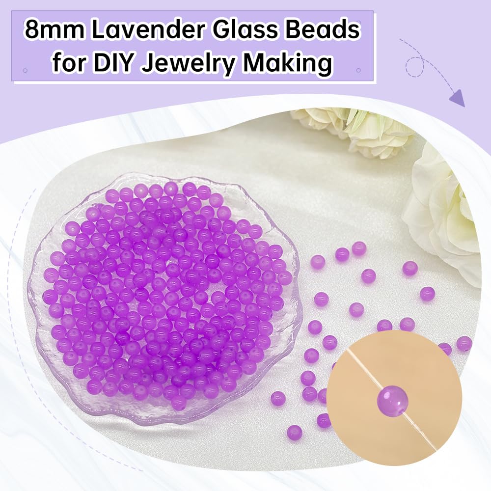 PAMIR TONG 400pcs 8mm Round Glass Beads for Bracelet Pretty Smooth Loose Beads for Necklace-Earring-Jewelry Making and DIY Crafts (Lavender)