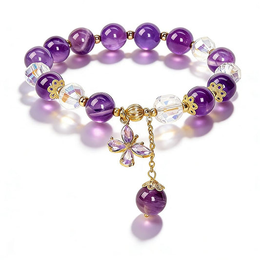 Buddha Stones Amethyst & Butterfly Charm Elastic Bracelet for Women, Handmade Stretch Anxiety Amethyst Crystal Beaded Bracelet, Natural Gemstone Bracelet Jewelry Gift For Mother's Day, Includes Gift Box -8MM