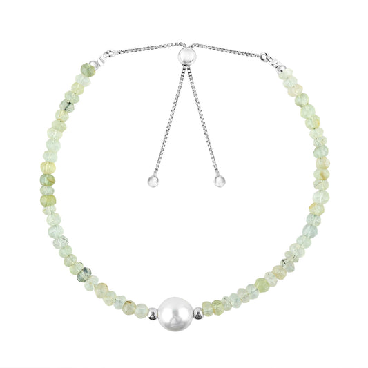 CRYSTALINES Natural Prehnite Gemstone Bolo Bracelet & Pearl, Faceted Beads Stones, Handmade Boho Hypoallergenic Jewelry, Healing Crystals, Silver Adjustable Chain 6+4inch, Minimalist Trendy Gifts