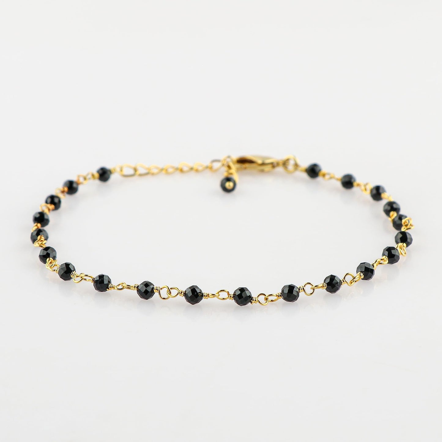 CRYSTALINES Natural Black Spinel Gemstones Bracelet Handmade Hypoallergenic Gold Plated Jewelry for Women Healing Crystals Microfaceted Beads Rosary Chain Boho August Birthday Bracelet, 7+1inch