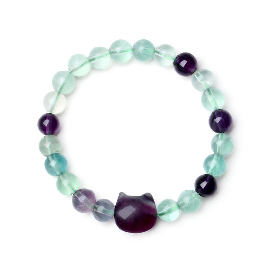 XIANNVXI Fluorite Bracelet for Women - Cute Cat Lover Gift - Natural Crystal Stretch Bracelet - 8mm Beaded Jewelry