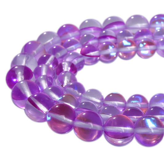Asingeloo 60PCS 6mm Purple Angel Aura Round Gemstone Polished Mermaid Aura Moonstone Smooth Stone Loose Beads Crystal Quartz for DIY Jewelry Making 1 Strand 15'