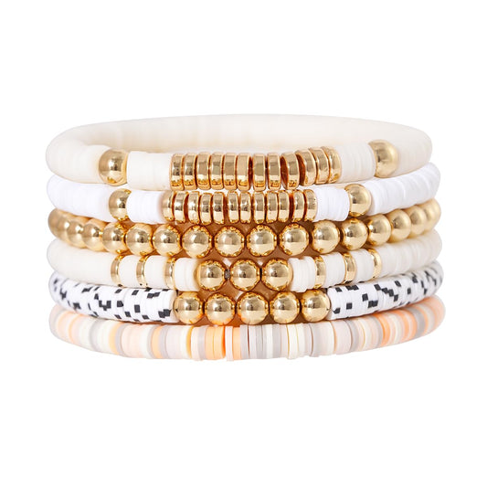 GOOJIDS Surfer Heishi Clay Bead Bracelets for Women Bohemian Stackable Gold Plated Beaded Stretch Bracelets Elastic Layering Friendship Bracelets Set Boho Jewelry (T-MixWhite Set)