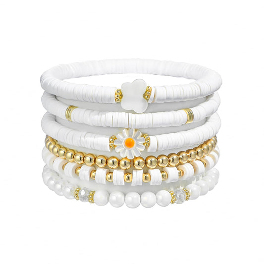 GOOJIDS White Surfer Heishi Clay Bead Bracelets for Women Bohemian Stackable Gold Beaded Stretch Bracelets Elastic Layering Friendship Bracelets Set Boho Jewelry