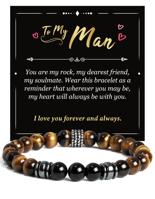 Landorilo Gifts for Men, 8mm Natural Stone Beaded Bracelets, Tiger's Eye & Black Tourmaline Healing Bracelet, Handmade Mens Jewelry Gift for Him, Husband, Son, Father, Friend(To My Son-8.3in)