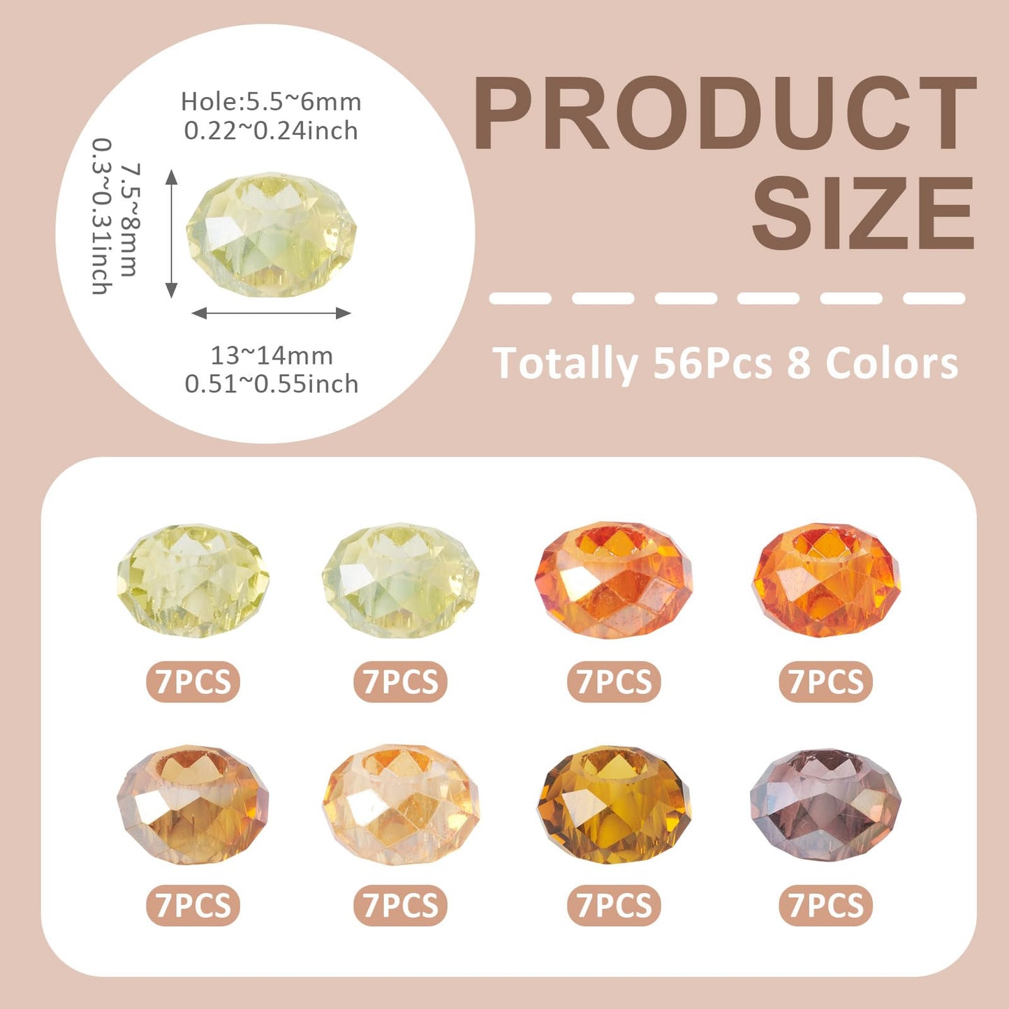 Craftdady 56Pcs Mixed Color Yellow Theme Glass Beads Large Hole Rondelle Beads Faceted Glass Spacer Bead Colorful Crystal Spacer Bead for Crafts DIY Necklace Bracelet, 8 Colors