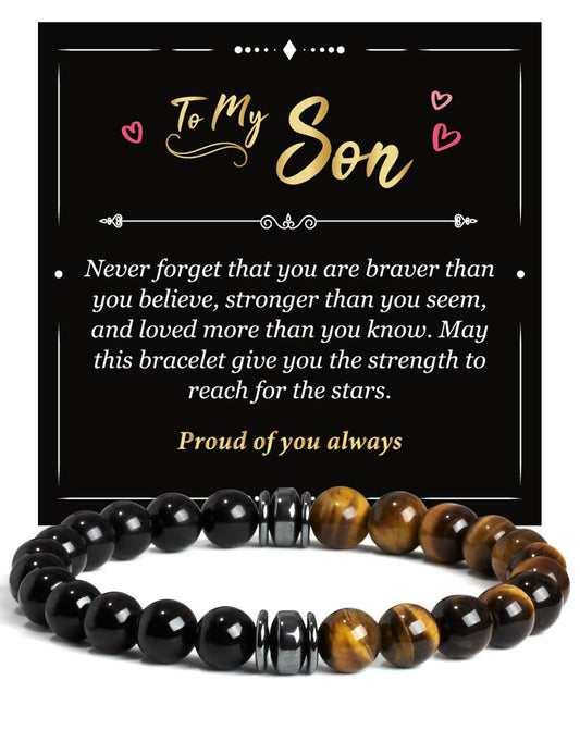 Landorilo Gifts for Men, 8mm Natural Stone Beaded Bracelets, Black Tourmaline & Tiger Eye Healing Bracelet, Handmade Mens Jewelry Gift for Him, Husband, Son, Father, Friend(To My Son-8.3in)