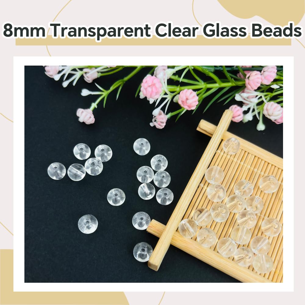 PAMIR TONG 400pcs 8mm Round Glass Beads for Bracelet Pretty Smooth Loose Beads for Necklace-Earring-Jewelry Making and DIY Crafts (Clear White)
