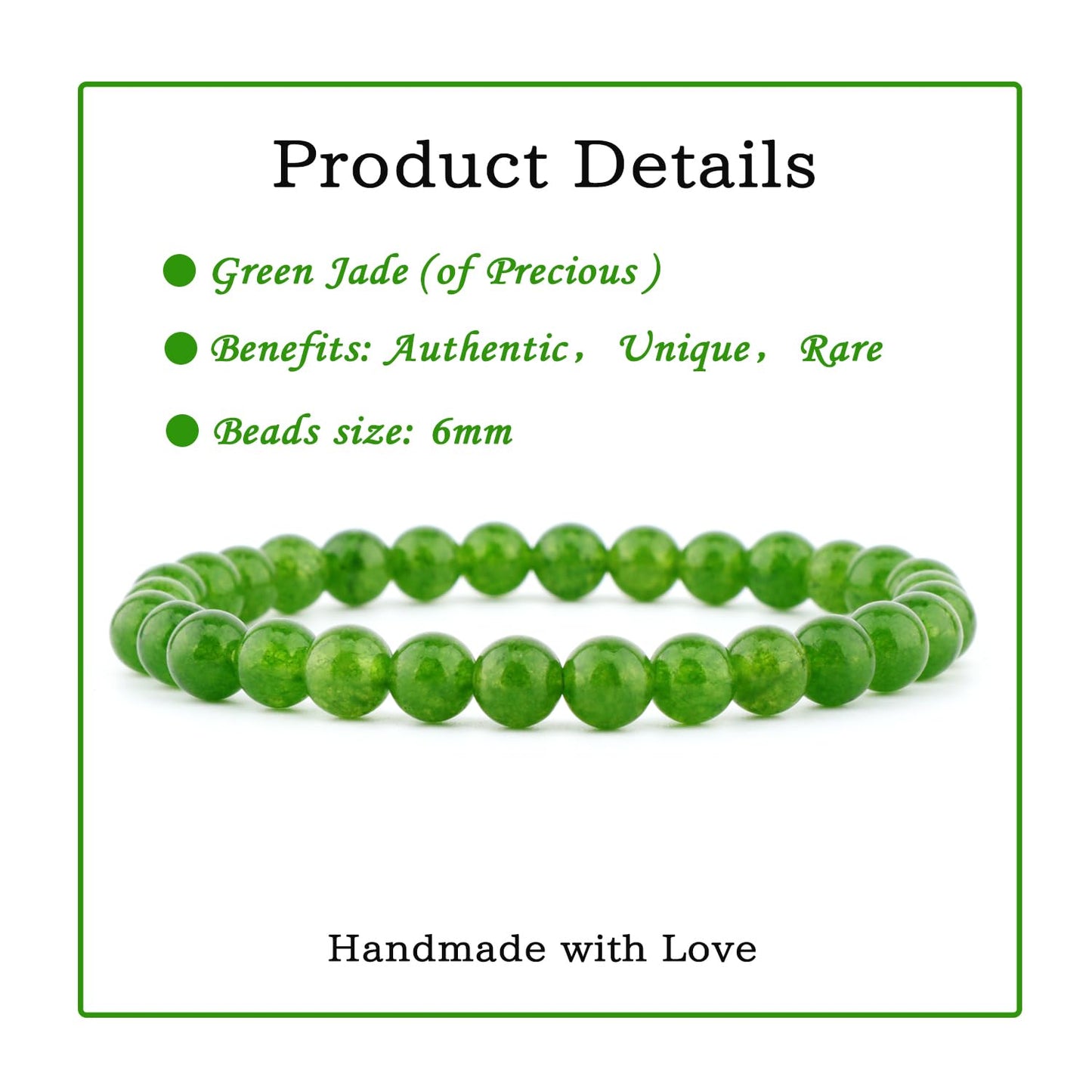 Bymitel 6mm Green Jade - Handmade Reiki Gemstone Stretch Bracelet, Natural Beauty & Spiritual Essence, Crystal Healing for Unisex Adults