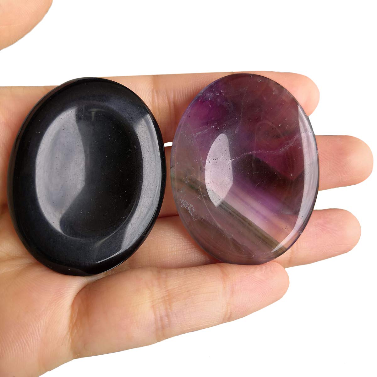 Loveliome Black Obsidian and Amethyst Thumb Worry Stone, Stress Relax Healing Reiki Crystal Pocket Palm Stones,Pack of 2