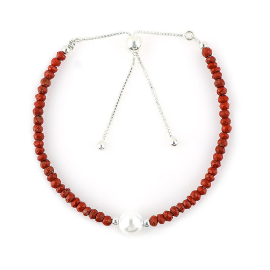 CRYSTALINES Natural Red Jasper Gemstones Beads Bolo Bracelets with Pearl, Handmade, Beaded Bracelet, Real Crystals Jewelry, Women Bracelet, Silver Plated Adjustable Chain- 6+4inch, AAA Grade