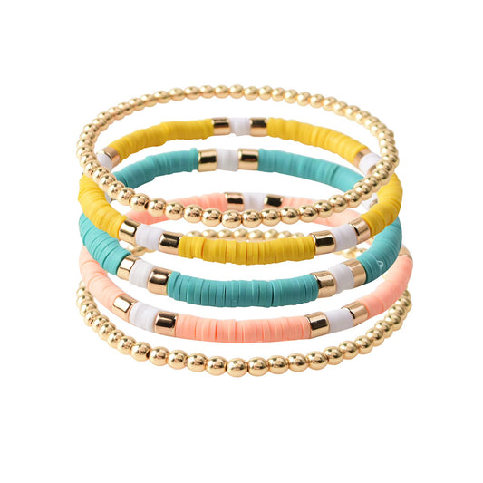 GOOJIDS Surfer Heishi Clay Bead Bracelets for Women Bohemian Stackable Gold Plated Beaded Stretch Bracelets Elastic Layering Friendship Bracelets Set Boho Jewelry